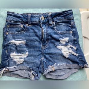 American Eagle Hi-Rise Shortie Distressed Stretch Denim Shorts, Blue, Size 2